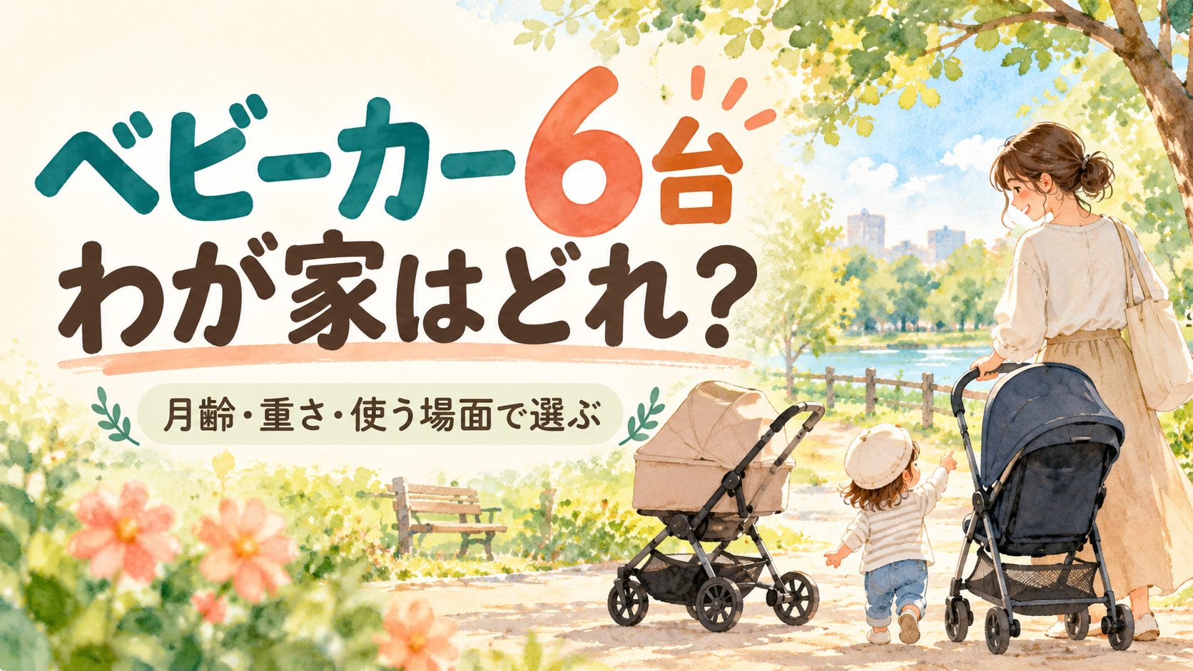 ベビーカー6台比較｜新生児・生後1か月からの選び方【2026年版】の選び方を案内するイラスト。