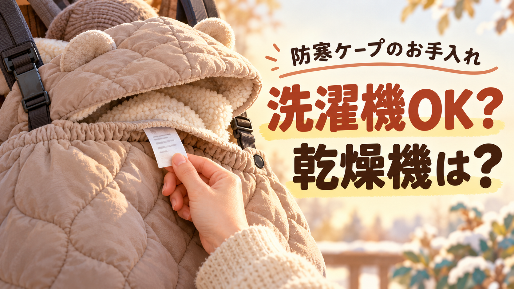 防寒ケープのお手入れ。洗濯機OK？ 乾燥機は？ ケープの洗濯タグを確認する手元のイメージイラスト。