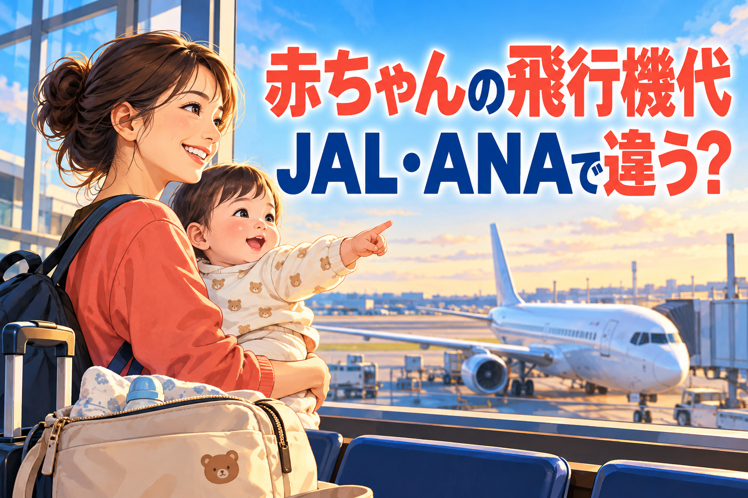 赤ちゃんの飛行機代はJALとANAで違う？空港で飛行機を眺める親子のイメージイラスト。