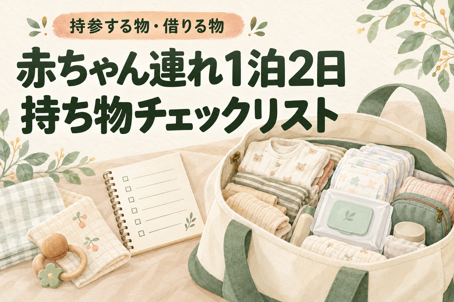 赤ちゃん連れ1泊2日の持ち物チェックリスト。衣類、おむつ、旅行バッグのイラスト