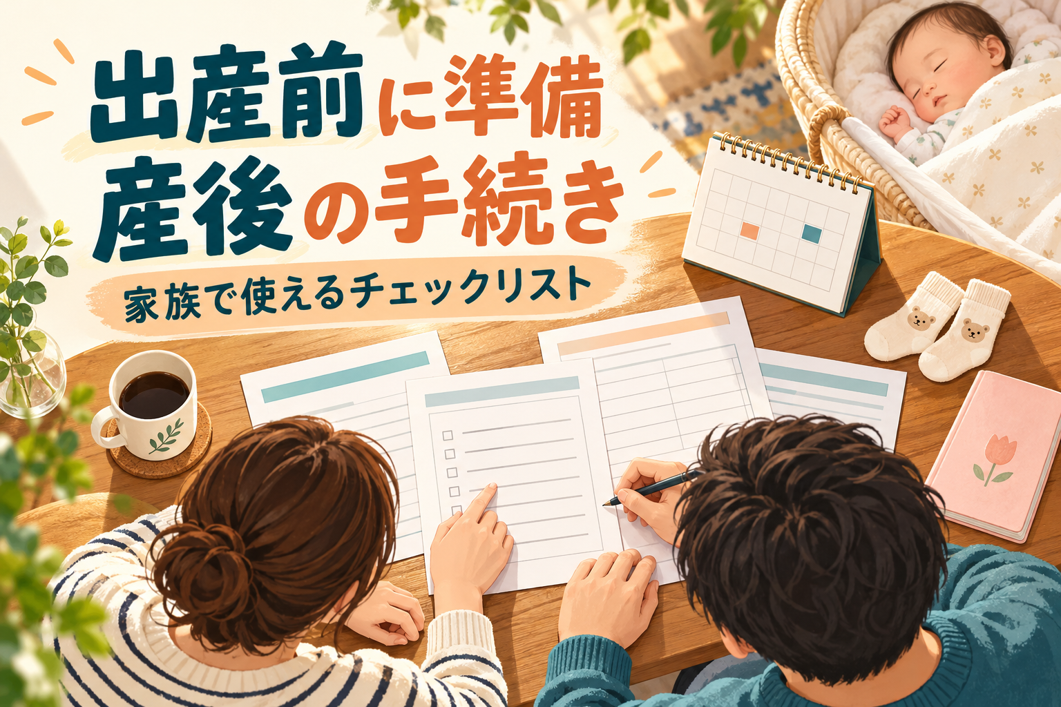 出産前の準備と産後の手続きを家族で確認するチェックリストのイメージイラスト。実際の申請書ではありません。