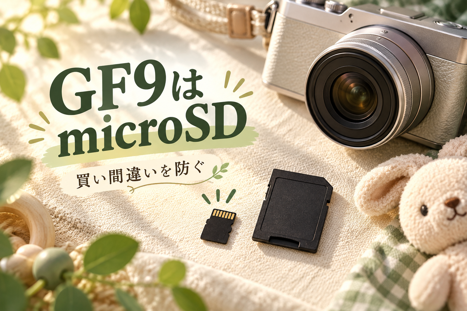 GF9はmicroSD。小さいカードと大きいアダプターの違いを表すイメージ画像。実機写真ではありません。