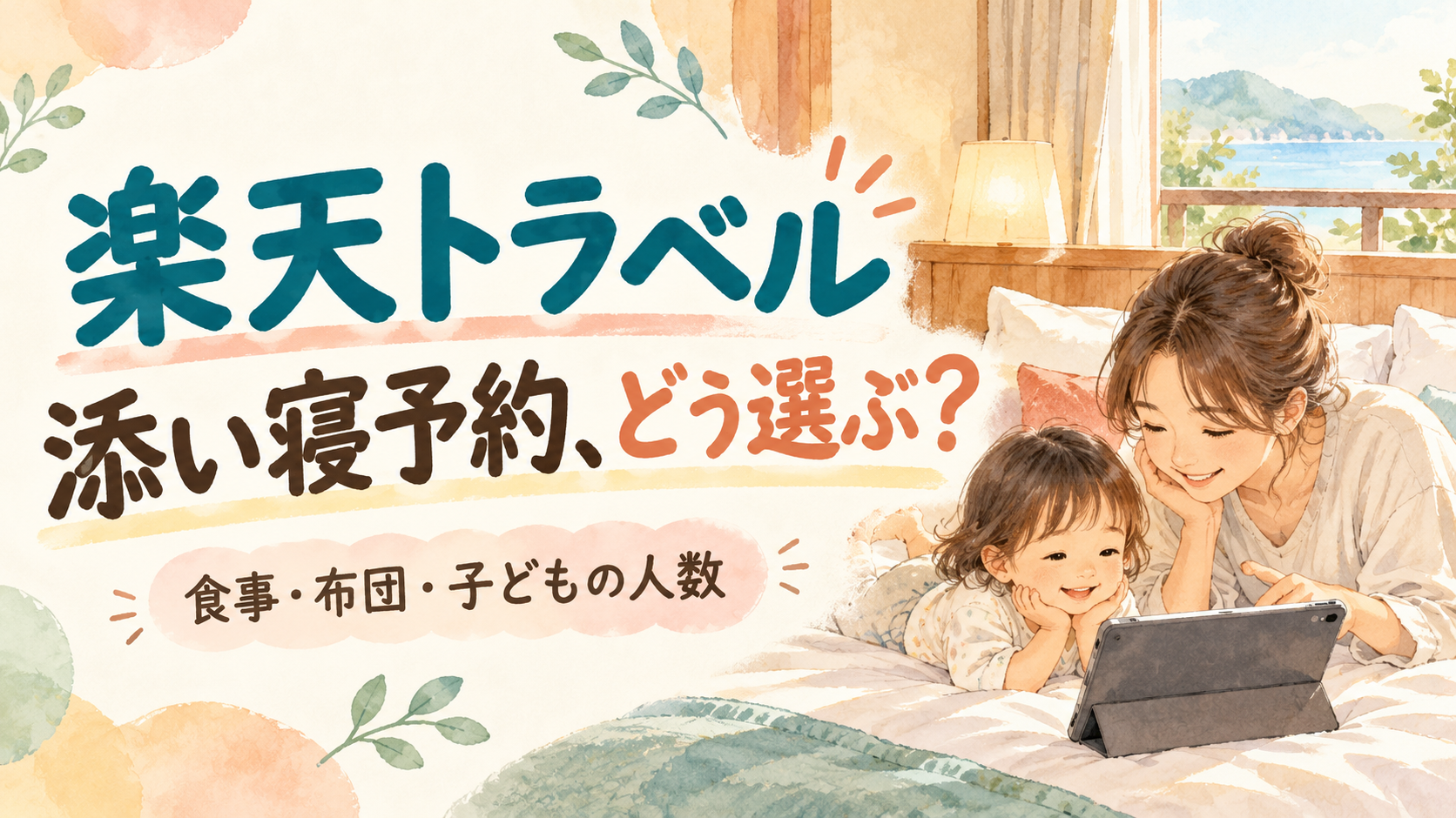 楽天トラベルで添い寝予約｜幼児の食事・布団はどう選ぶ？をわかりやすく案内するイラスト。