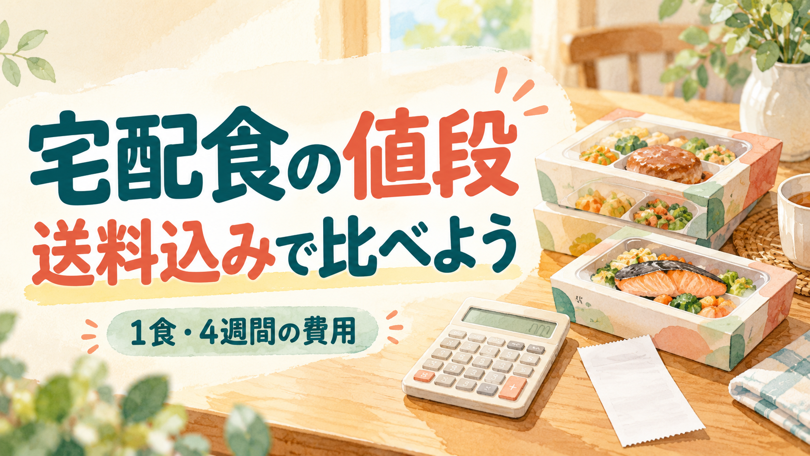宅配食は送料込みでいくら？1食あたりと4週間の費用の比べ方をわかりやすく案内するイラスト。