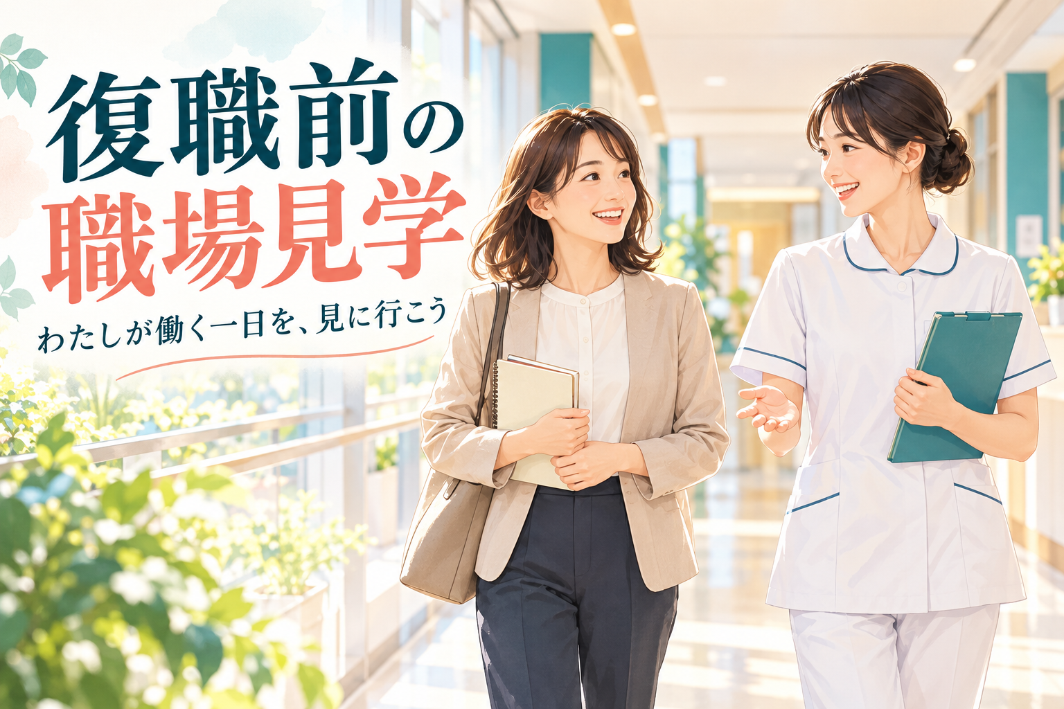 復職前の職場見学。ノートを持った女性と案内する看護師のイメージイラスト