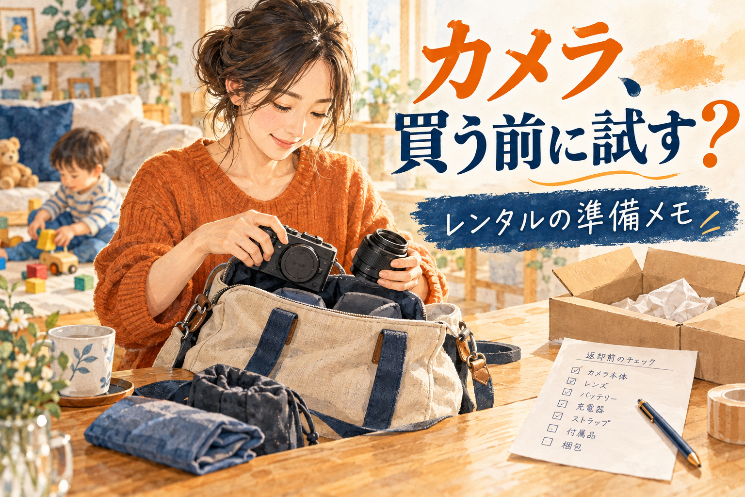 子ども撮影のカメラを買う前に試す、レンタル準備のイメージイラスト