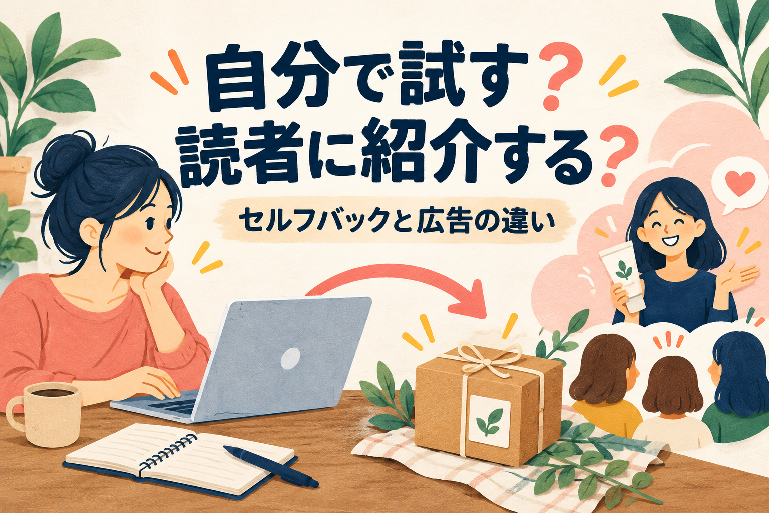 自分で試すセルフバックと読者に紹介する広告の違いを表すイラスト