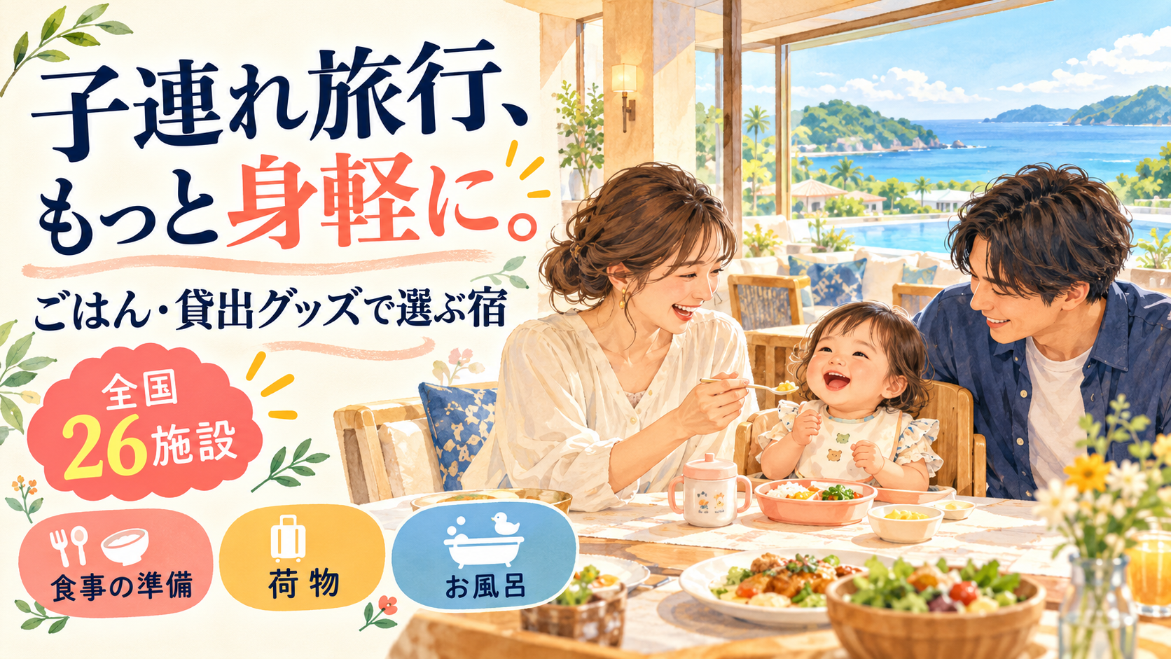 子連れ旅行の食事・荷物・お風呂の準備を軽くする宿選びのイメージイラスト。全国26施設。
