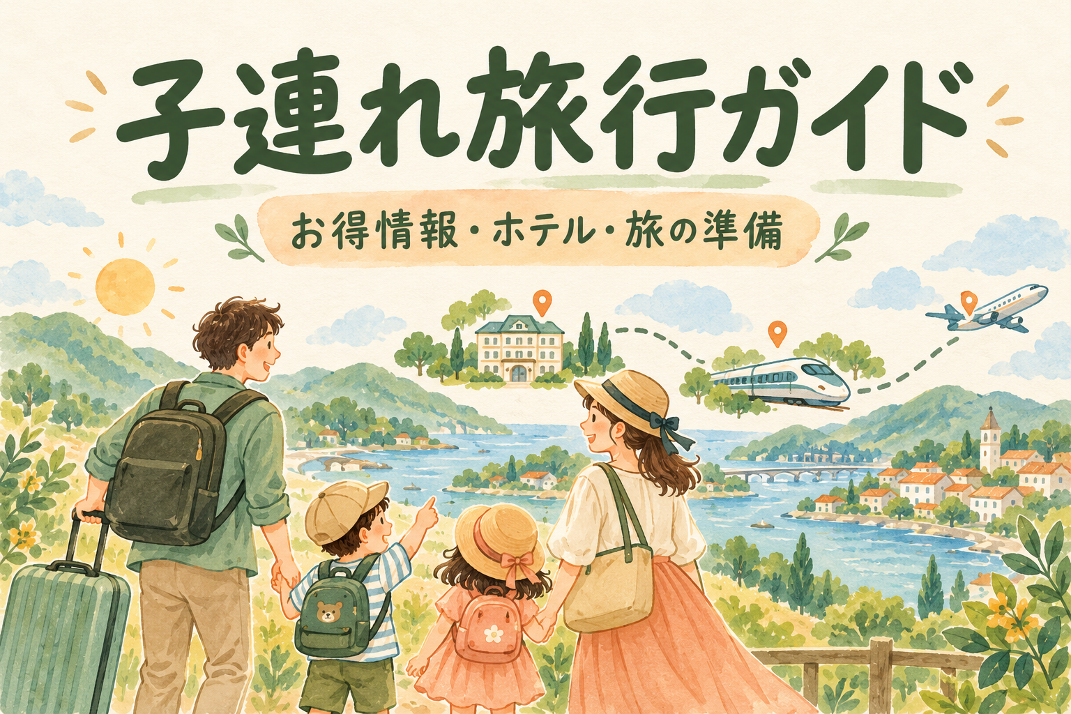 子連れ旅行ガイド。お得情報・ホテル・旅の準備へ案内する家族旅行のイラスト。