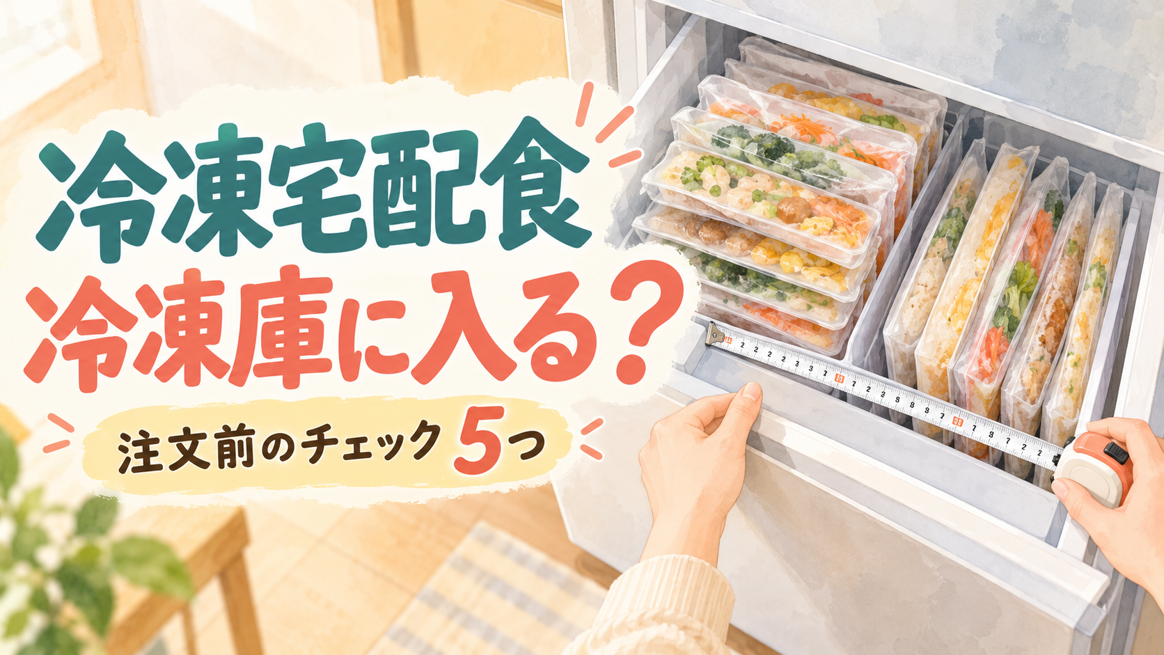 冷凍宅配食の容器を入れる前に冷凍庫の内寸と収納スペースを確認するイラスト。