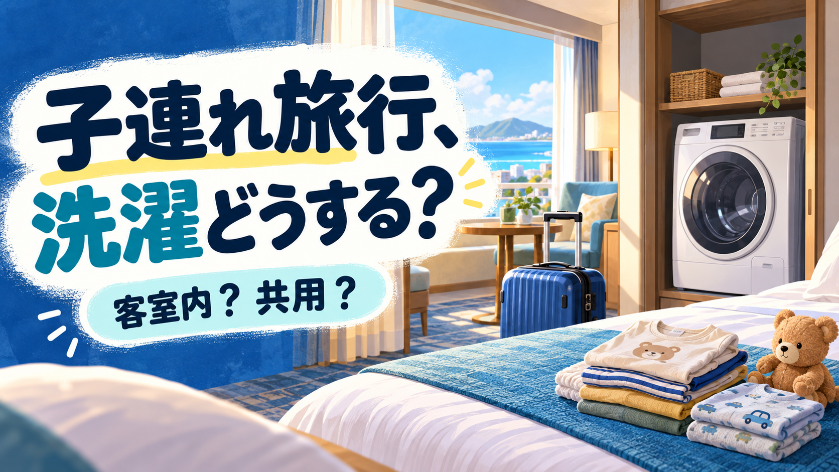 子連れ旅行、洗濯どうする？ 客室内と共用の洗濯機選び。ホテルの客室と洗濯機、子どもの着替えのイメージイラスト。