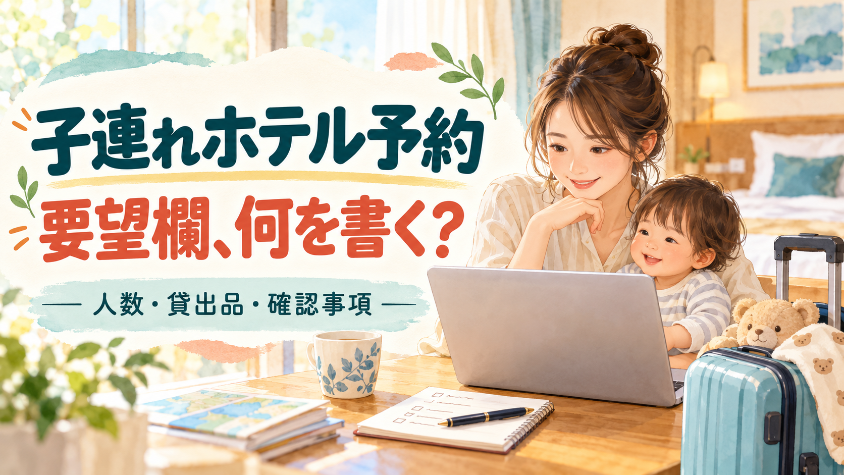 子連れホテル予約の要望欄で、人数・貸出品・確認事項を整理するイラスト。
