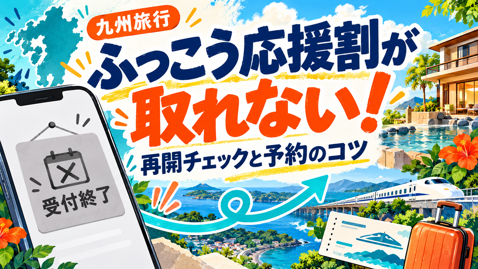 九州ふっこう応援割が取れないときの再開確認と予約のコツを案内する旅行イラスト。