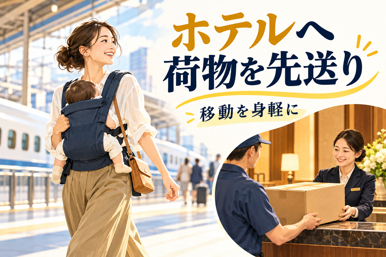 ホテルへ荷物を先送りし、抱っこの移動を身軽にするイメージイラスト