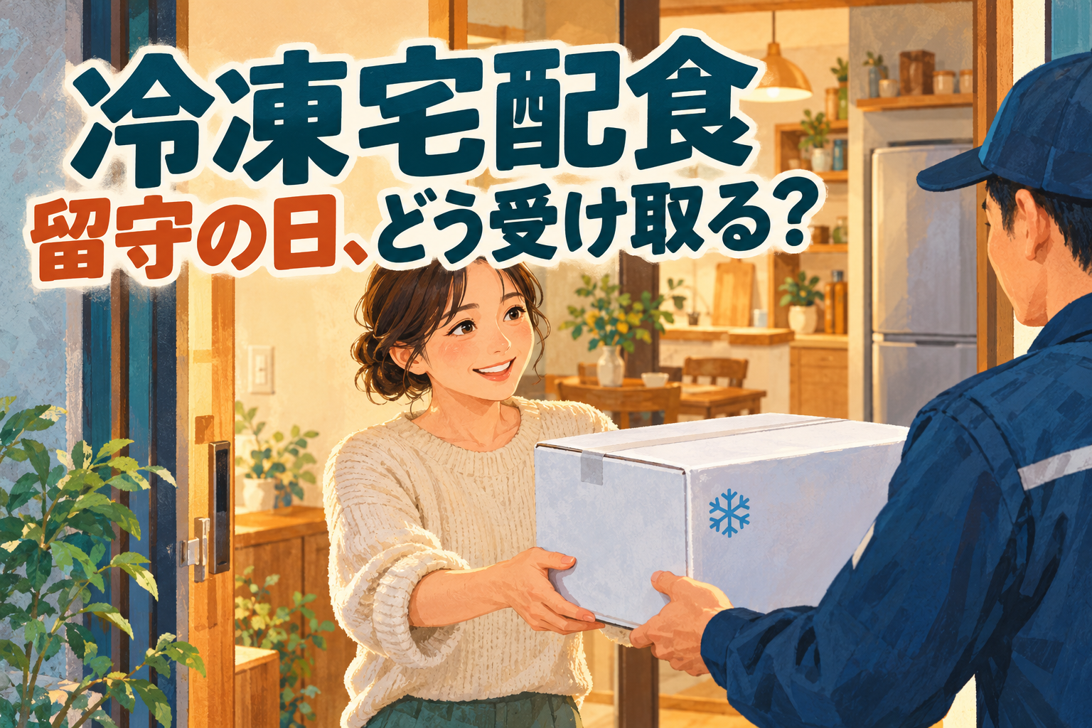 冷凍宅配食を対面で受け取るイメージ。留守の日の再配達と受け取り方法を案内。