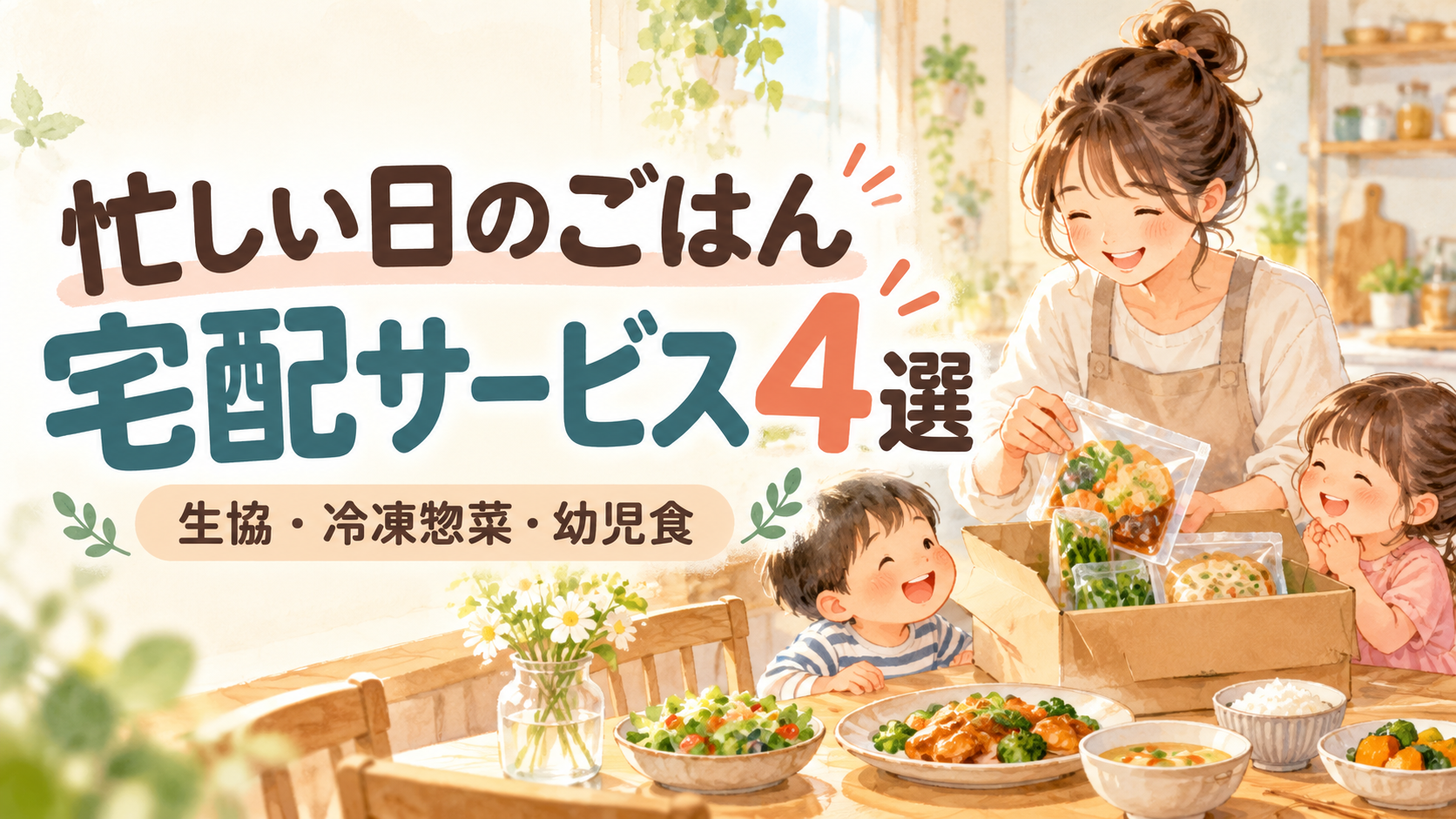 忙しいママのごはん作りをラクにする宅配サービス4選｜生協・冷凍惣菜・幼児食を比較の選び方を案内するイラスト。
