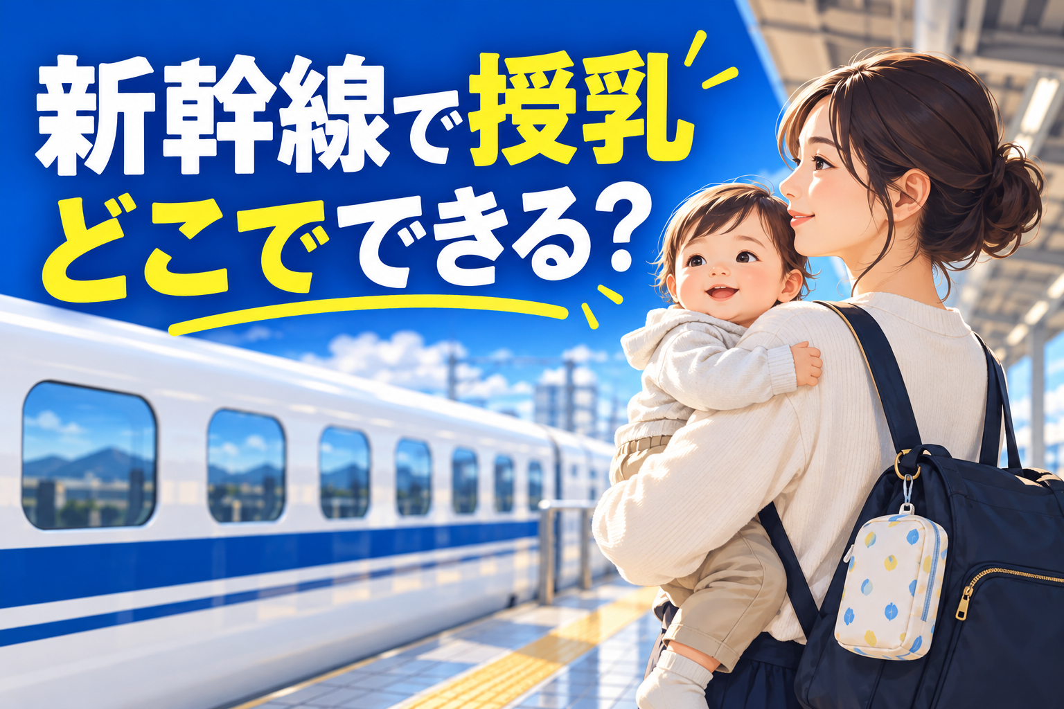 新幹線で授乳はどこでできる？駅で赤ちゃんを抱く保護者のイメージイラスト。実際の設備図ではありません。