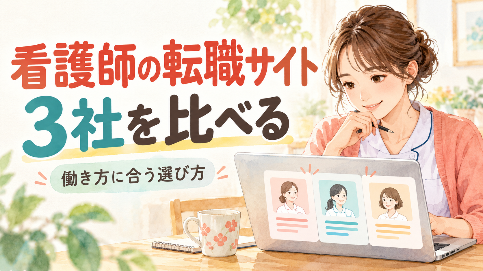 看護師の転職サイト3社比較｜希望する働き方に合わせた選び方をわかりやすく案内するイラスト。