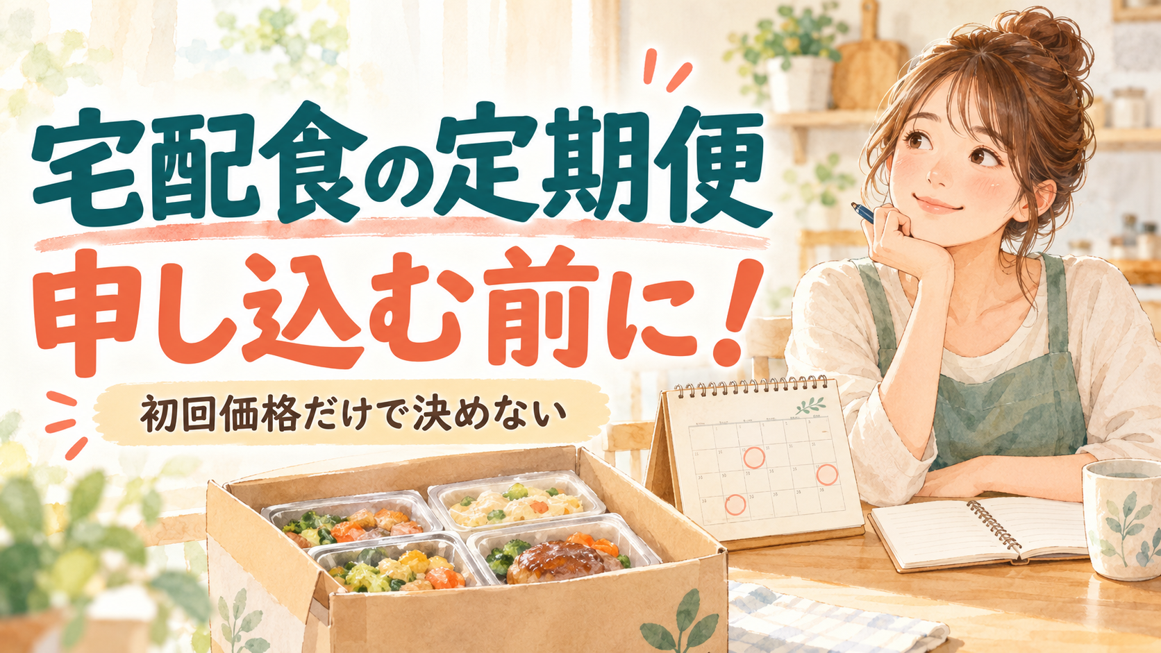 宅配食の定期便、申し込む前に何を見る？初回価格以外の確認メモをわかりやすく案内するイラスト。