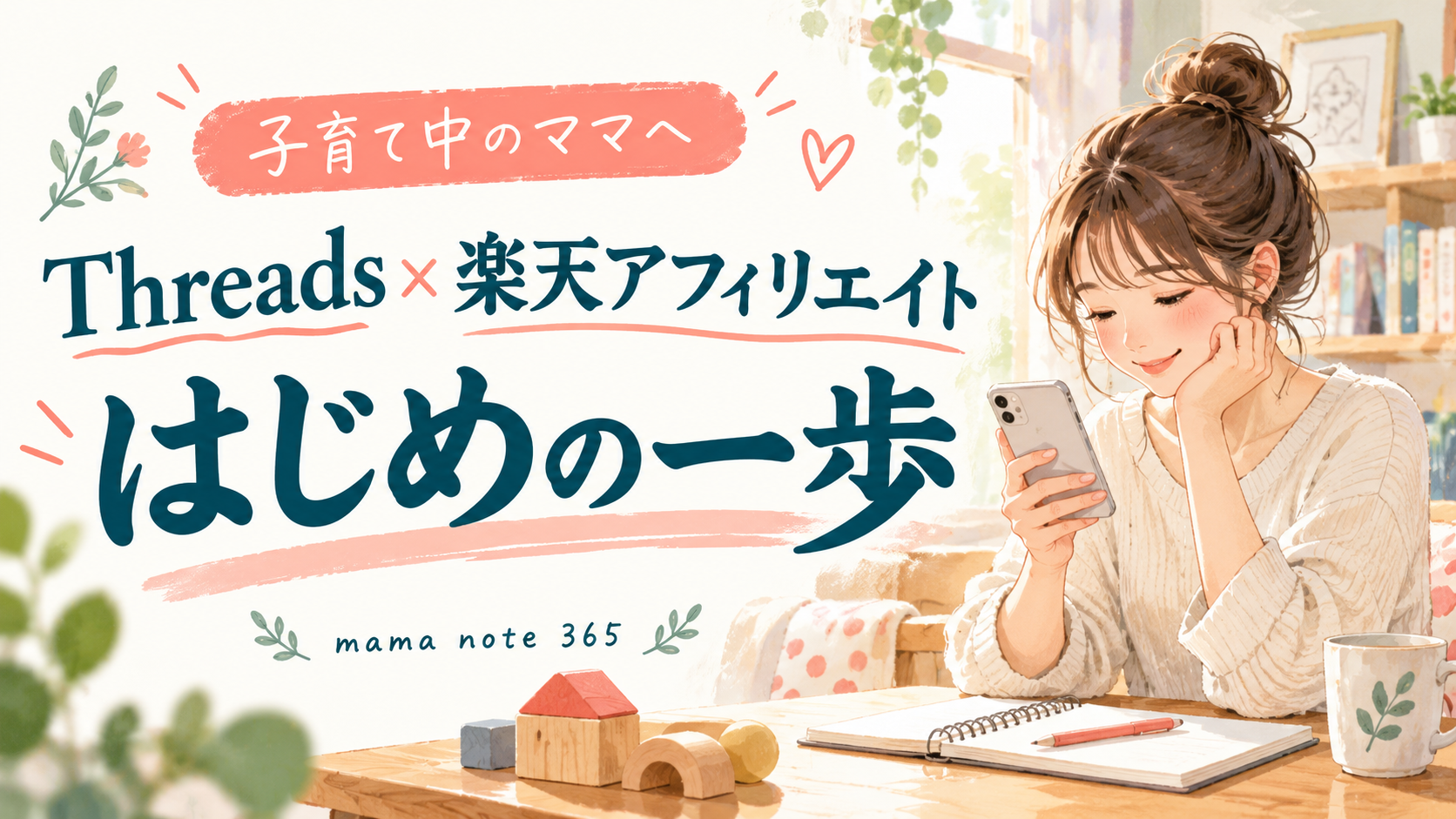 子育て中のママへ。Threads×楽天アフィリエイト、はじめの一歩。スマートフォンとノートで準備するイラスト。