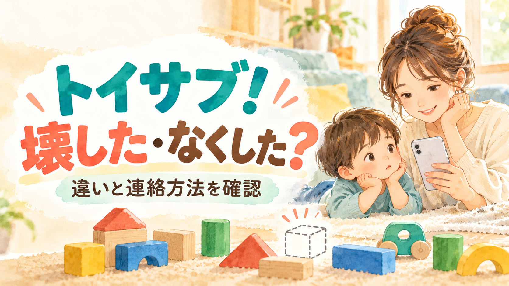 トイサブ！のおもちゃを壊したら？紛失との違い・連絡方法をわかりやすく案内するイラスト。