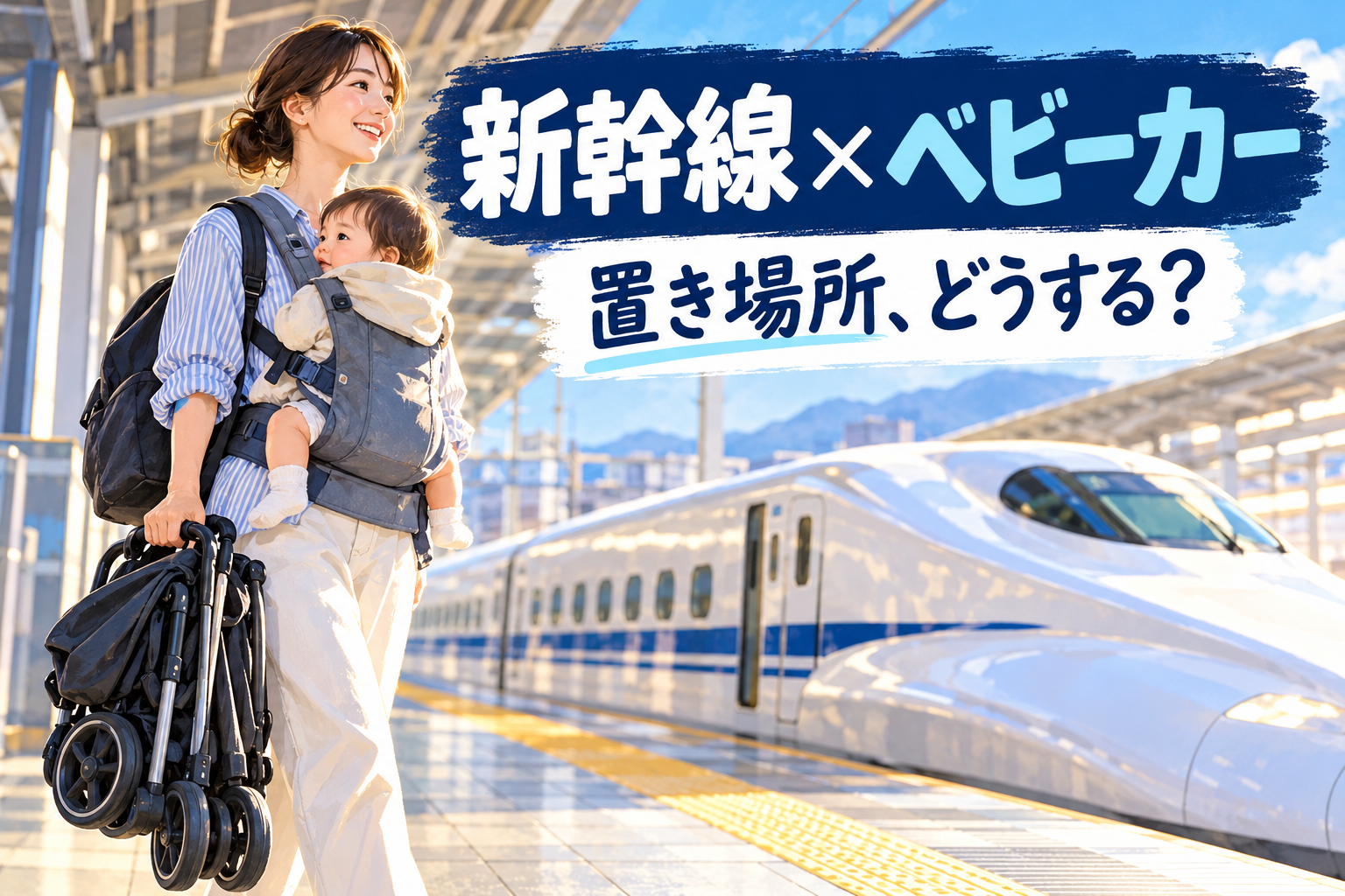 新幹線とベビーカーの置き場所を案内。抱っこ紐で赤ちゃんを抱き、折りたたんだベビーカーを持つ保護者のイメージ。