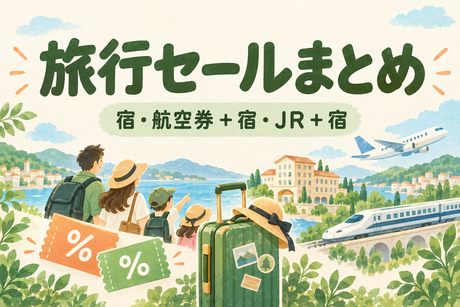 旅行セールまとめ。宿、航空券と宿、JRと宿を比較する家族旅行のイラスト。